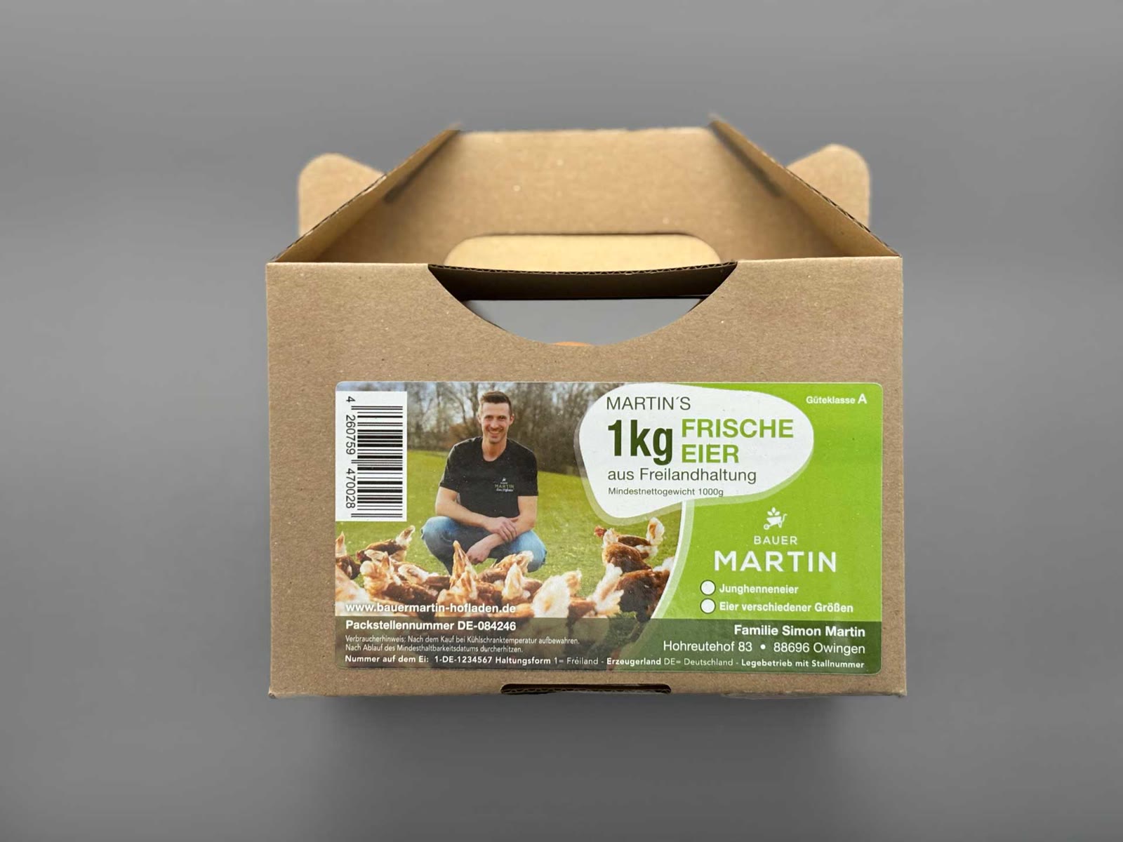 Karton „Martin's 1 kg frische Eier aus Freilandhaltung“